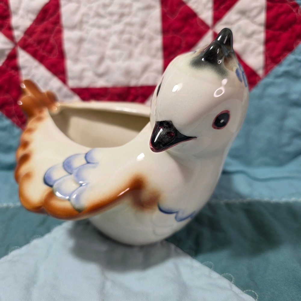 Vernon Kilns Hand Painted Bird Planter 134 California Pottery White Brown Blue